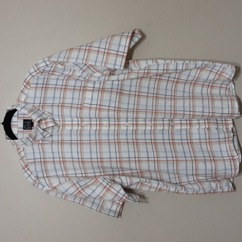 Jo's A bank travelers men's plaid casual shirt short sleeves 100% linen in XL